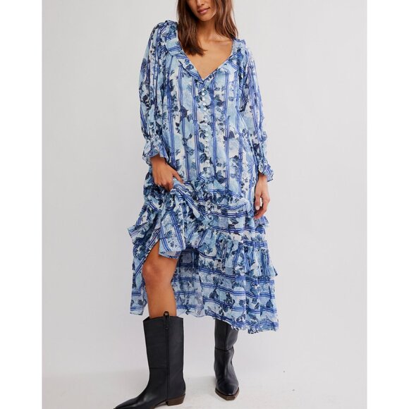 🆕 FREE PEOPLE Garden Wonders Maxi Dress / Blue Combo - Picture 1 of 10
